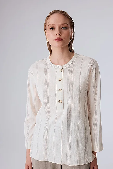Striped Cotton Blouse - Ecru - 2