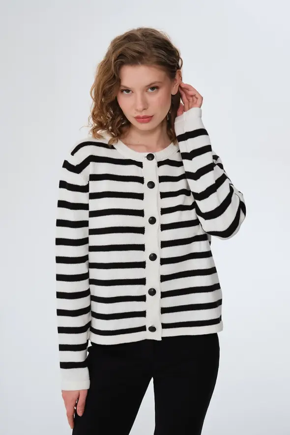 Striped Cotton Knitwear Cardigan - Ecru - 1