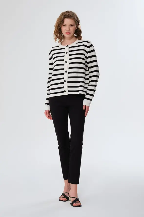Striped Cotton Knitwear Cardigan - Ecru - 2