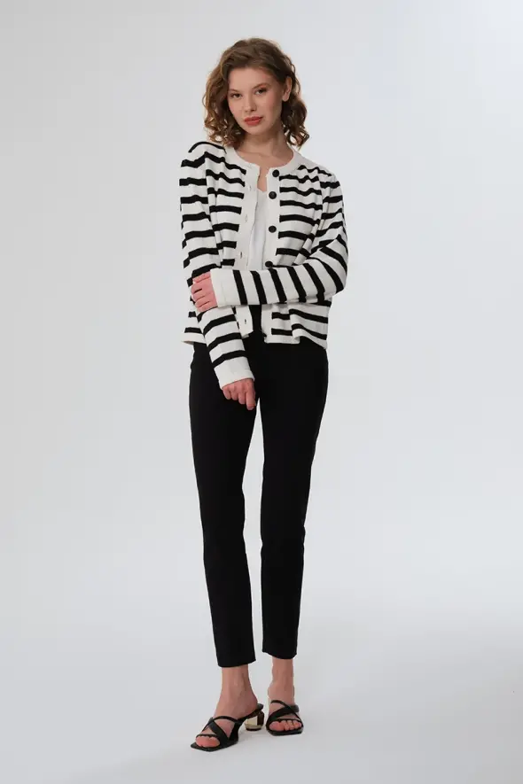 Striped Cotton Knitwear Cardigan - Ecru - 3