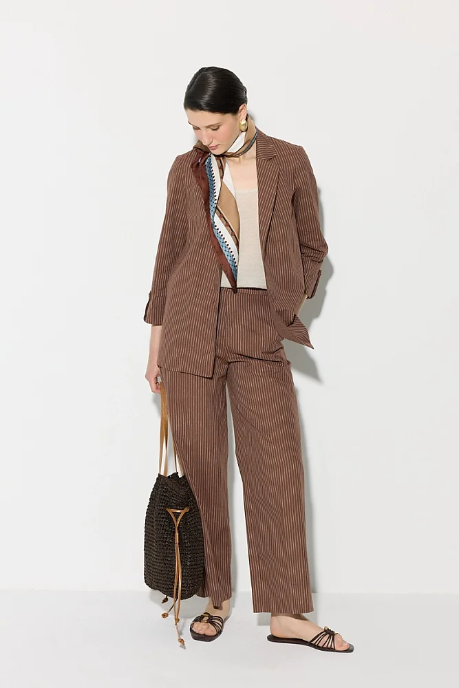 Striped Cotton Linen Jacket - Brown - Gusto