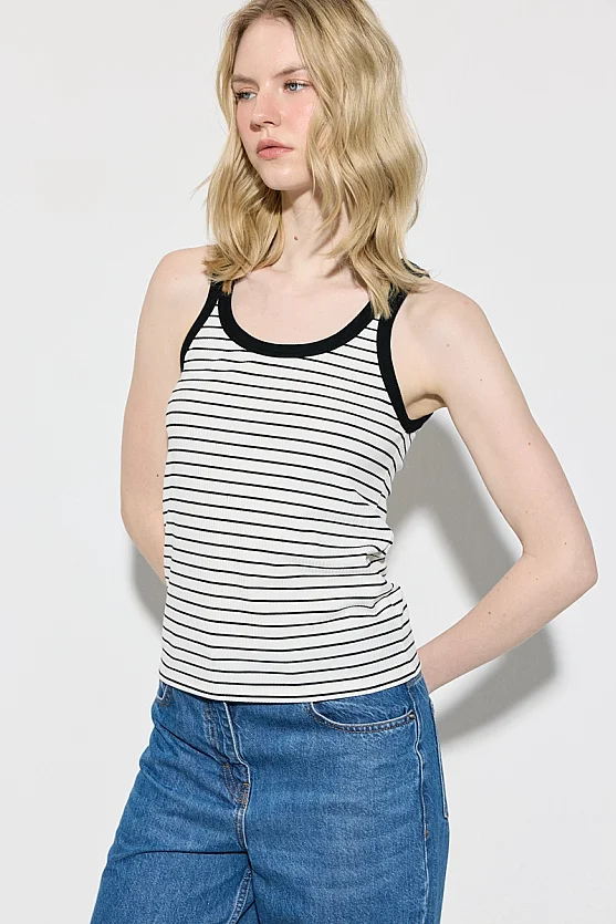 Striped Cotton Tank Top - Black - 4