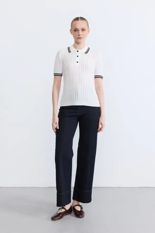 Striped Detail Short Sleeve Polo Neck Knit Blouse - Ecru - 2
