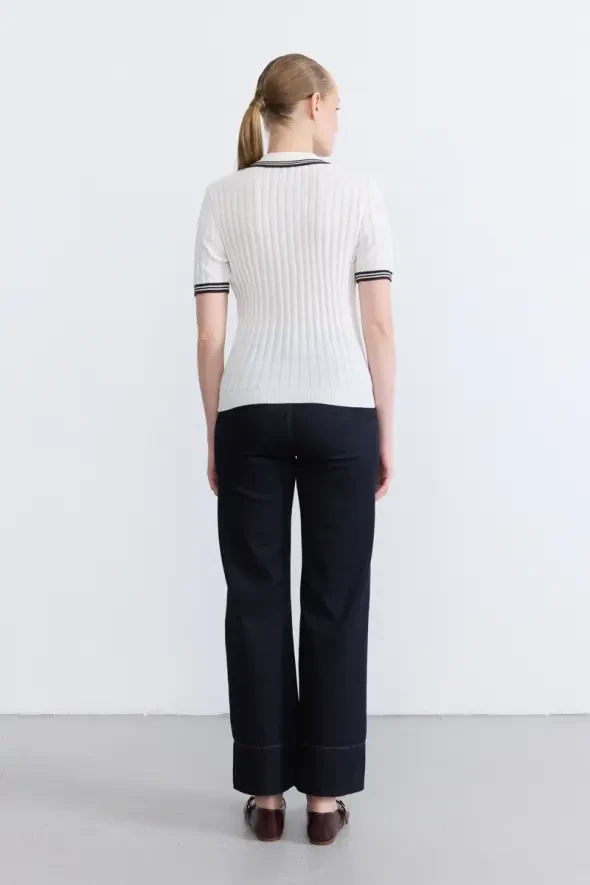 Striped Detail Short Sleeve Polo Neck Knit Blouse - Ecru - 4