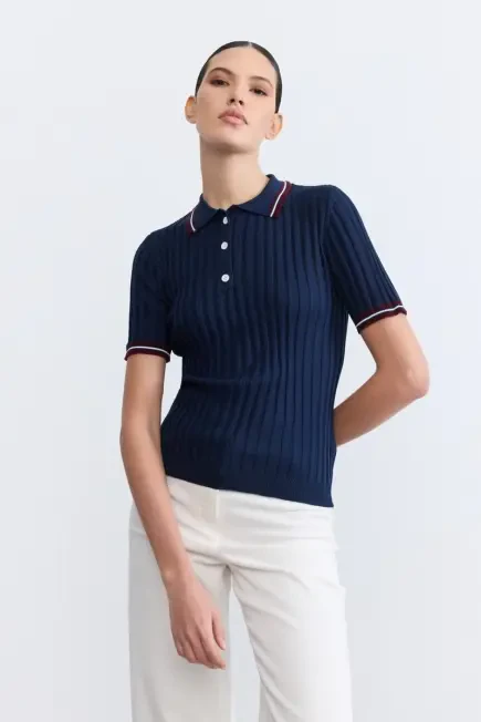 Striped Detail Short Sleeve Polo Neck Knit Blouse - Navy Navy Blue