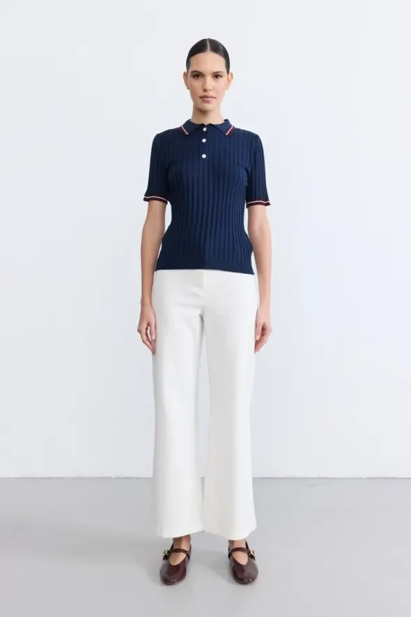 Striped Detail Short Sleeve Polo Neck Knit Blouse - Navy - 2