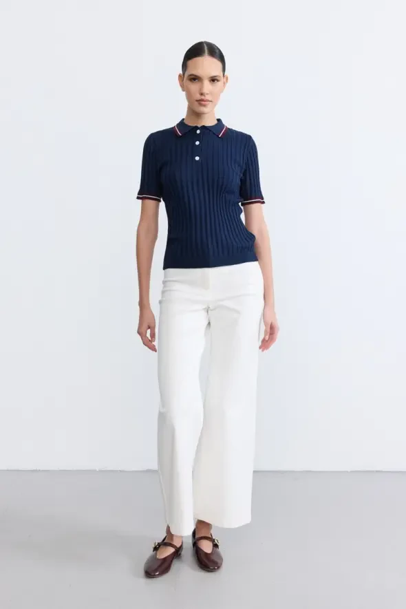Striped Detail Short Sleeve Polo Neck Knit Blouse - Navy - 3