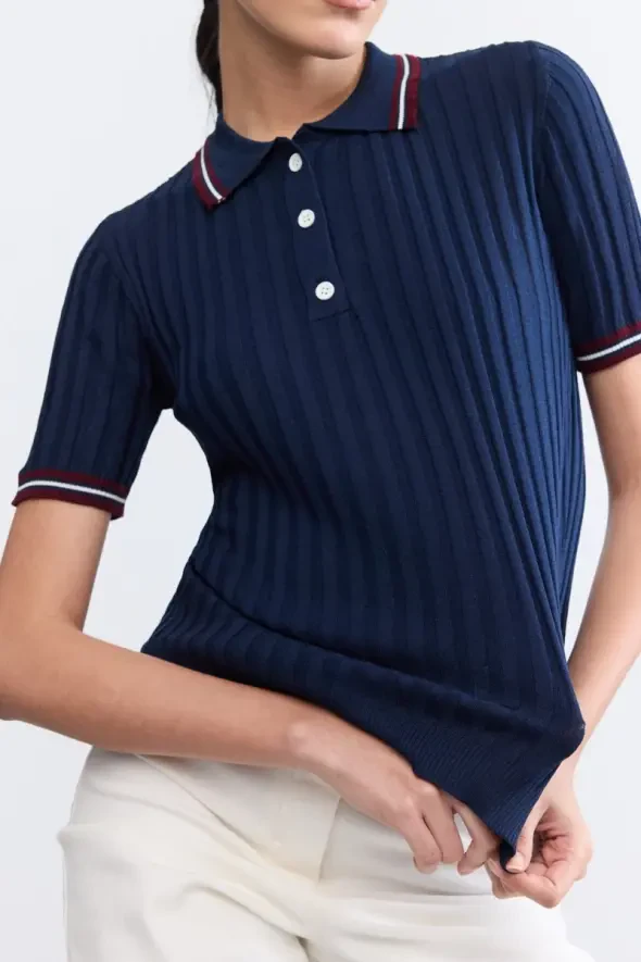 Striped Detail Short Sleeve Polo Neck Knit Blouse - Navy - 4
