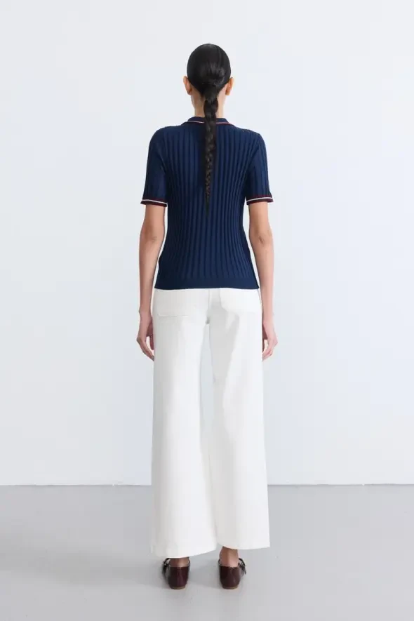Striped Detail Short Sleeve Polo Neck Knit Blouse - Navy - 5