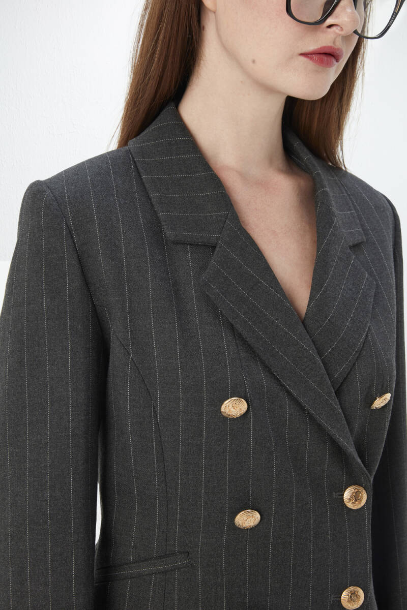 Striped Double-Breasted Jacket - Gray - 5