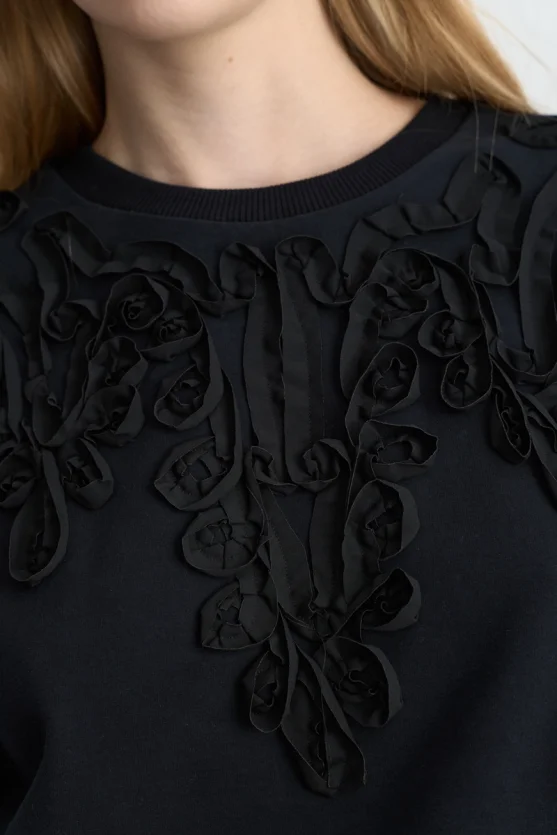 Striped Embroidered Cotton Sweatshirt Black - 6