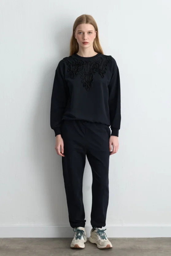 Striped Embroidered Cotton Sweatshirt Black - 5