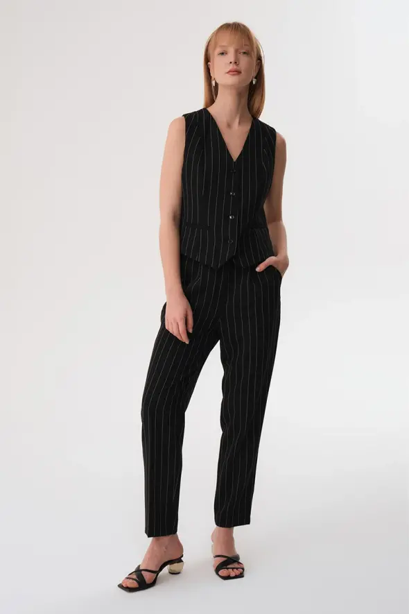 Striped Fabric Pants - Black - 3