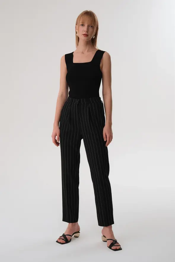 Striped Fabric Pants - Black - 2