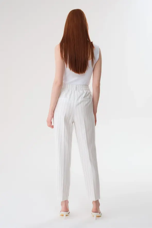 Striped Fabric Pants - White - 5