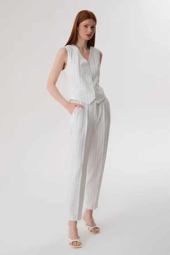 Striped Fabric Pants - White - 3