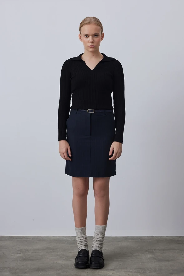 Striped Fabric Skirt with Waist Belt - Navy - 1