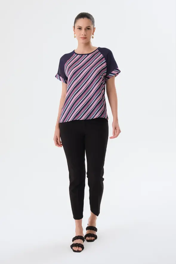 Striped Front T-Shirt - Navy Blue - 2