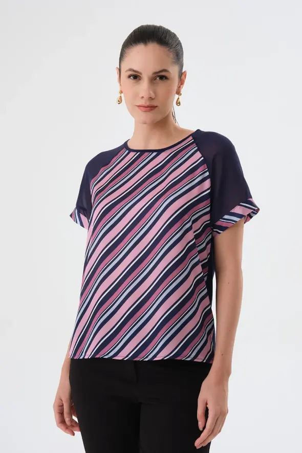 Striped Front T-Shirt - Navy Blue - 1