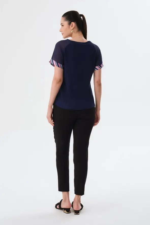 Striped Front T-Shirt - Navy Blue - 4