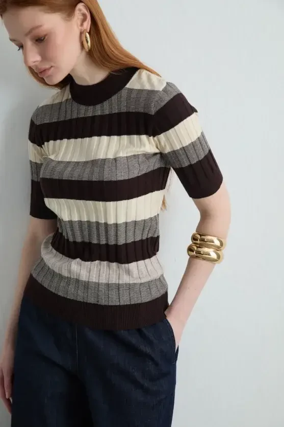 Striped Half-Sleeve Knit Blouse - Brown - Gusto