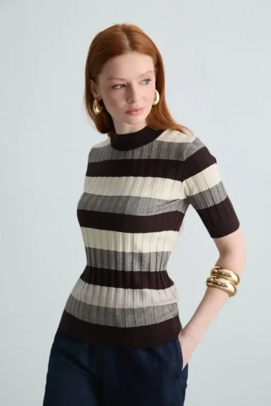 Striped Half-Sleeve Knit Blouse - Brown - Gusto