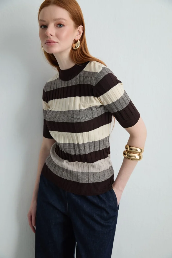 Striped Half Sleeve Knit Blouse Brown