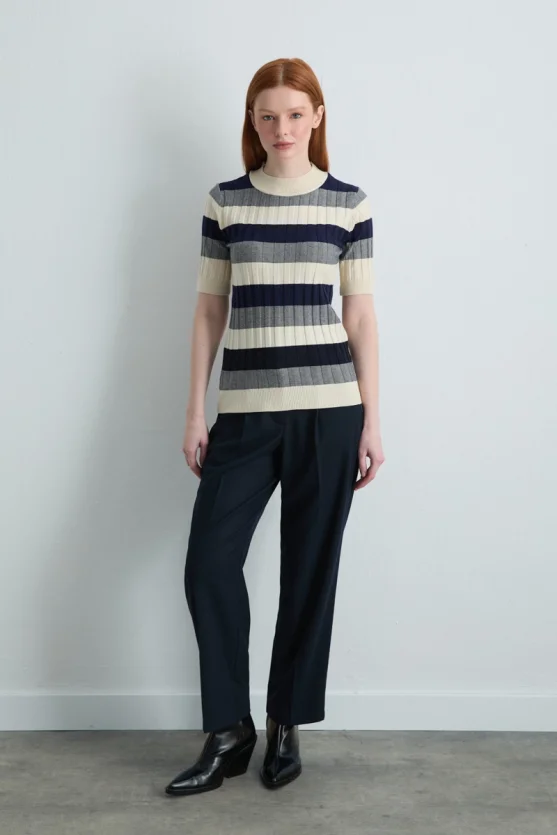 Striped Half-Sleeve Knit Blouse - Navy Blue - 4