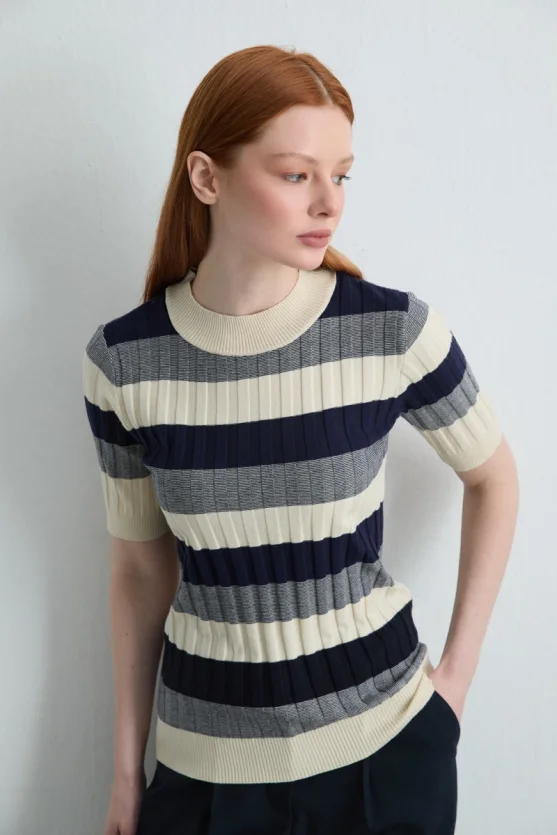 Striped Half Sleeve Knit Blouse Navy Blue - Gusto