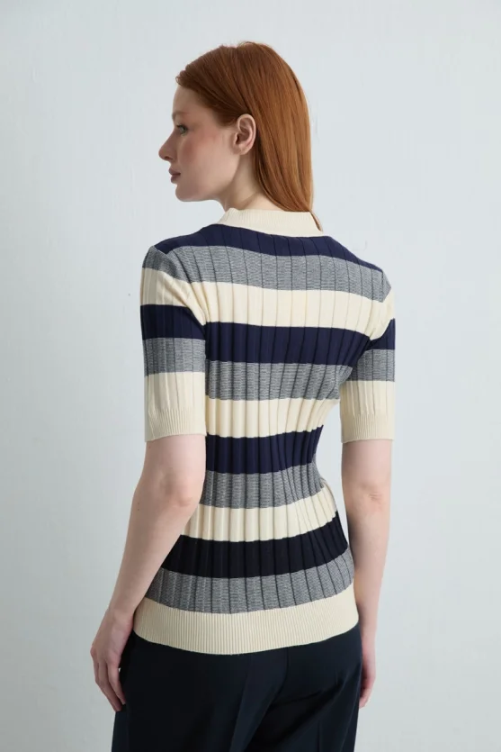 Striped Half Sleeve Knit Blouse Navy Blue - Gusto