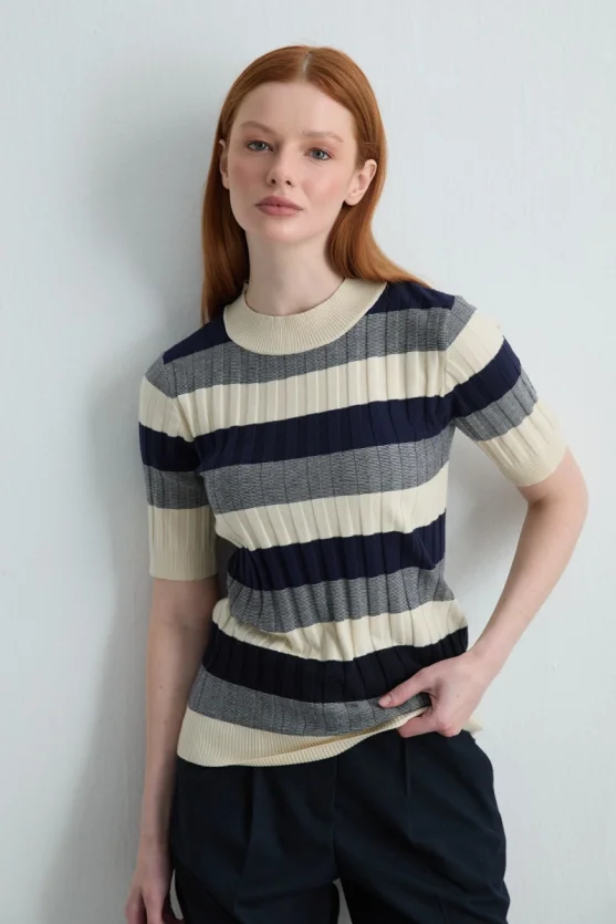 Striped Half Sleeve Knit Blouse Navy Blue - 5