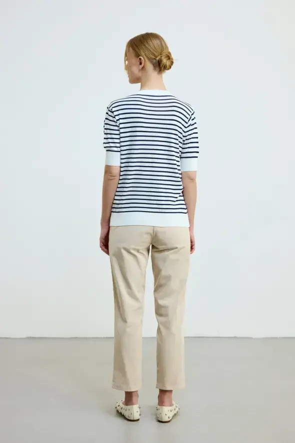 Striped Knit Blouse - Navy - 3