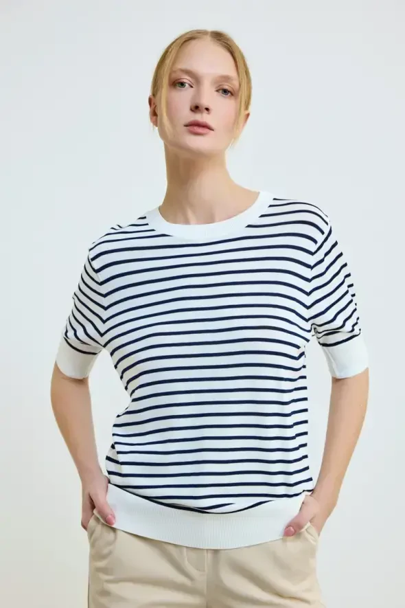 Striped Knit Blouse - Navy - 1