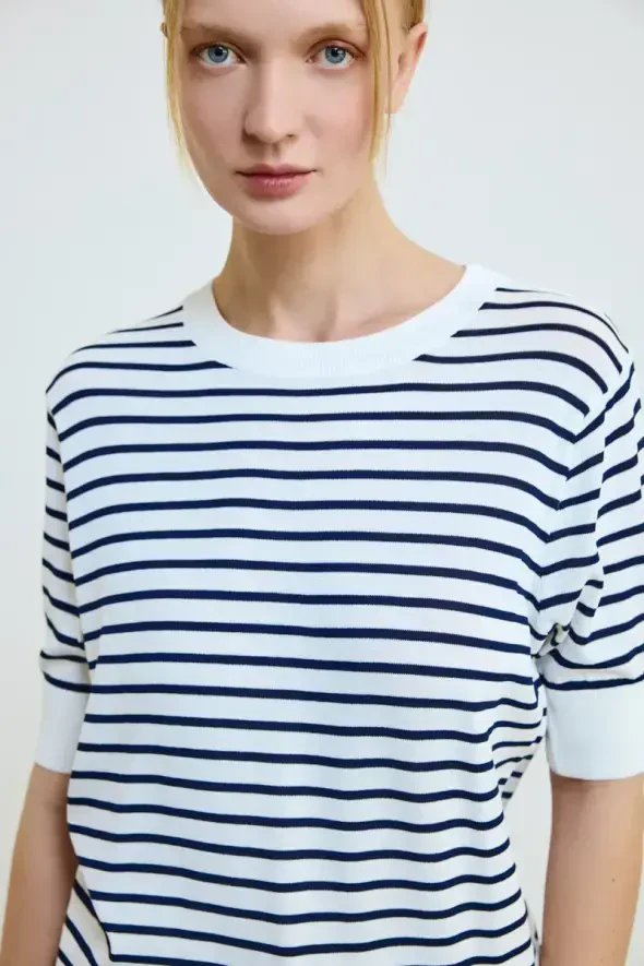 Striped Knit Blouse - Navy - 2