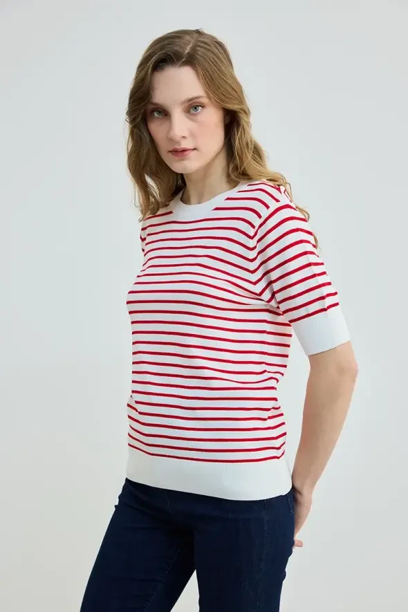 Striped Knit Blouse - Red - 1