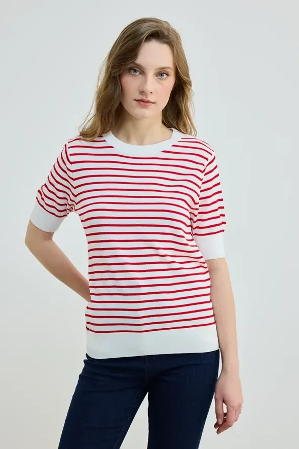 Striped Knit Blouse - Red - 2