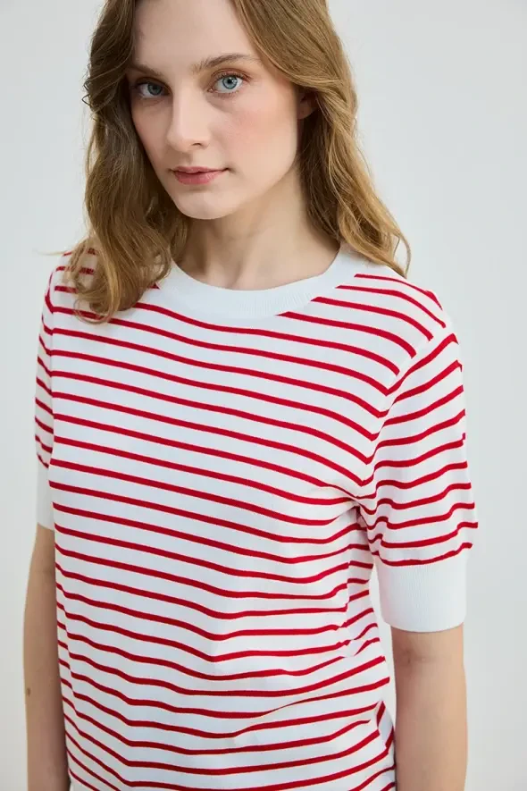 Striped Knit Blouse - Red - 3