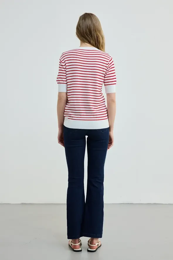 Striped Knit Blouse - Red - 4