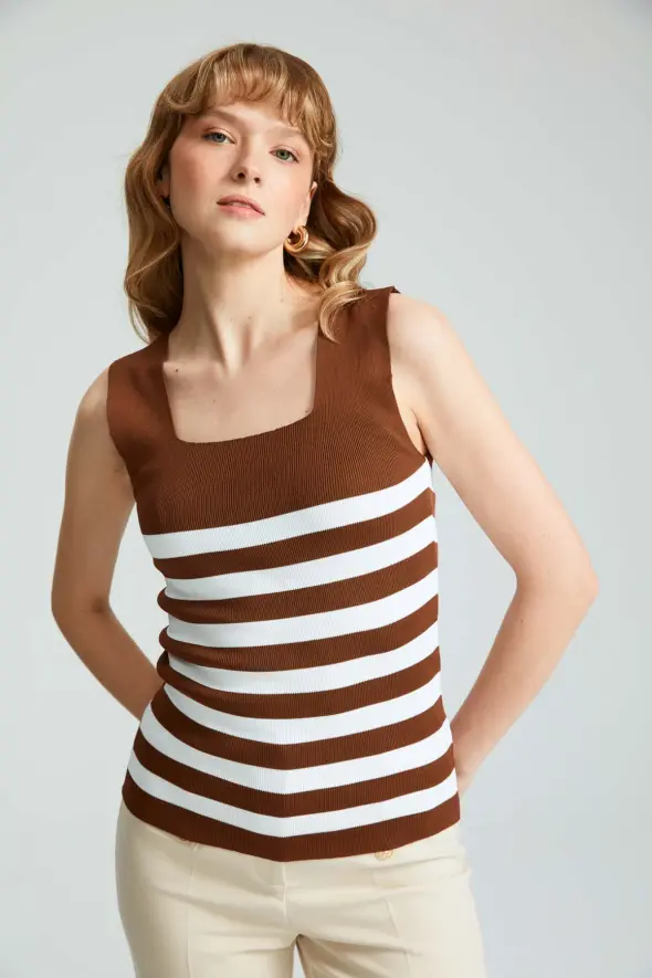 Striped Knitwear Tank Top - Brown - 1
