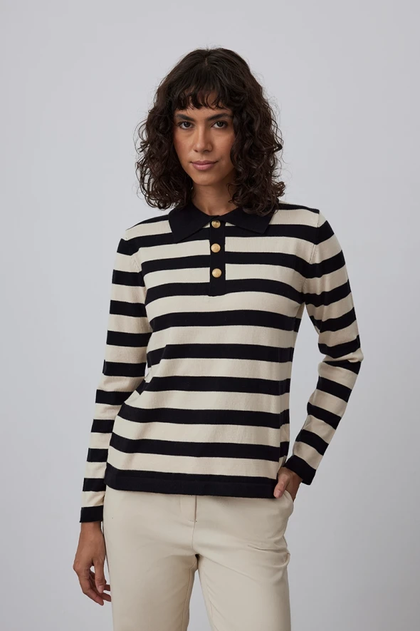 Striped Knitwear with Polo Collar - Black - 1