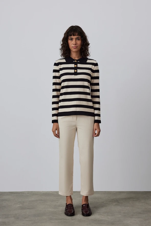 Striped Knitwear with Polo Collar - Black - 2