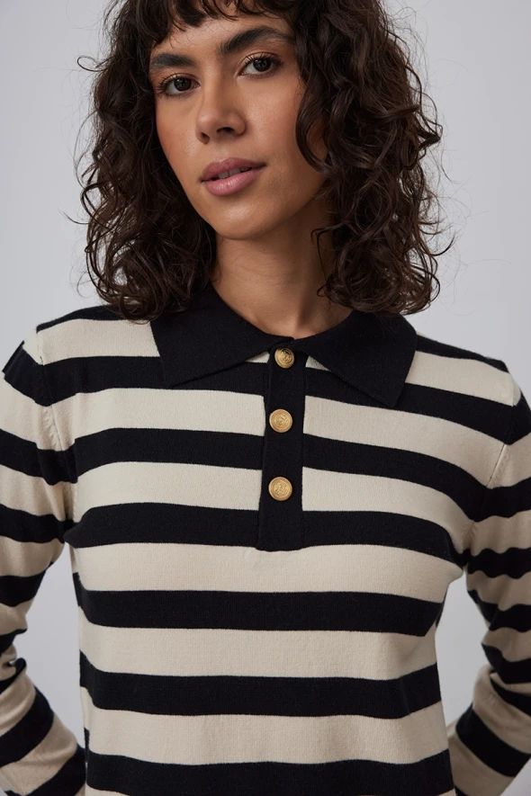 Striped Knitwear with Polo Collar - Black - 3