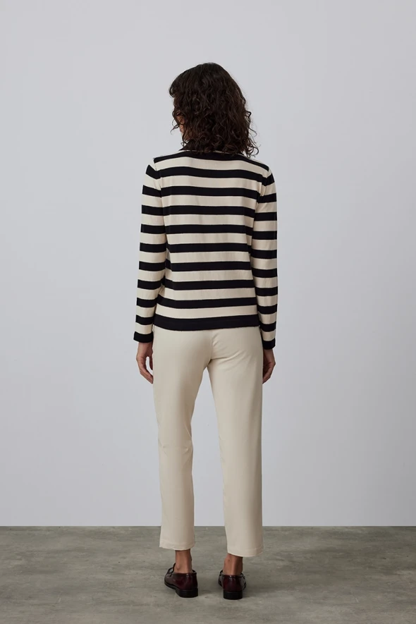 Striped Knitwear with Polo Collar - Black - 4