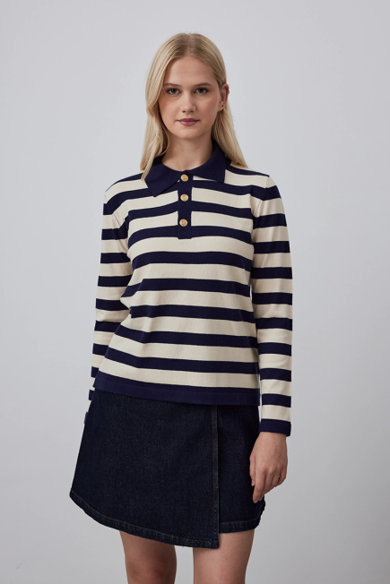 Striped Knitwear with Polo Collar - Navy Blue Navy Blue