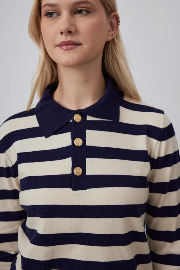 Striped Knitwear with Polo Collar - Navy Blue - 4