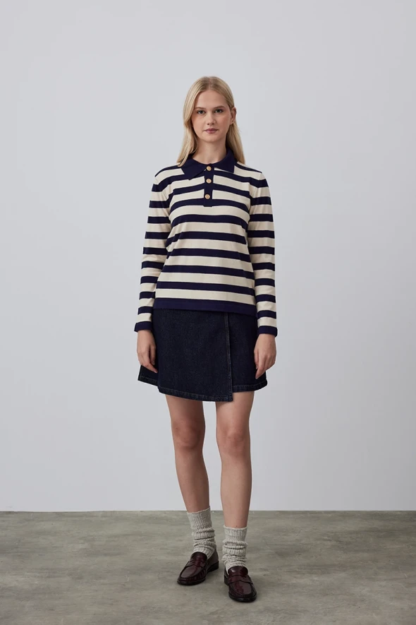 Striped Knitwear with Polo Collar - Navy Blue - 2