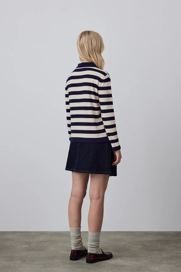 Striped Knitwear with Polo Collar - Navy Blue - 5