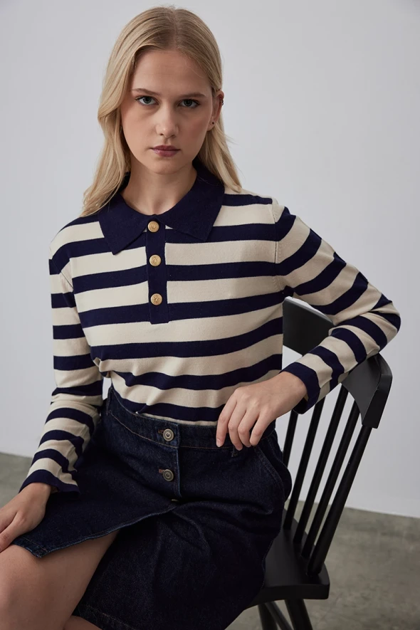 Striped Knitwear with Polo Collar - Navy Blue - 3