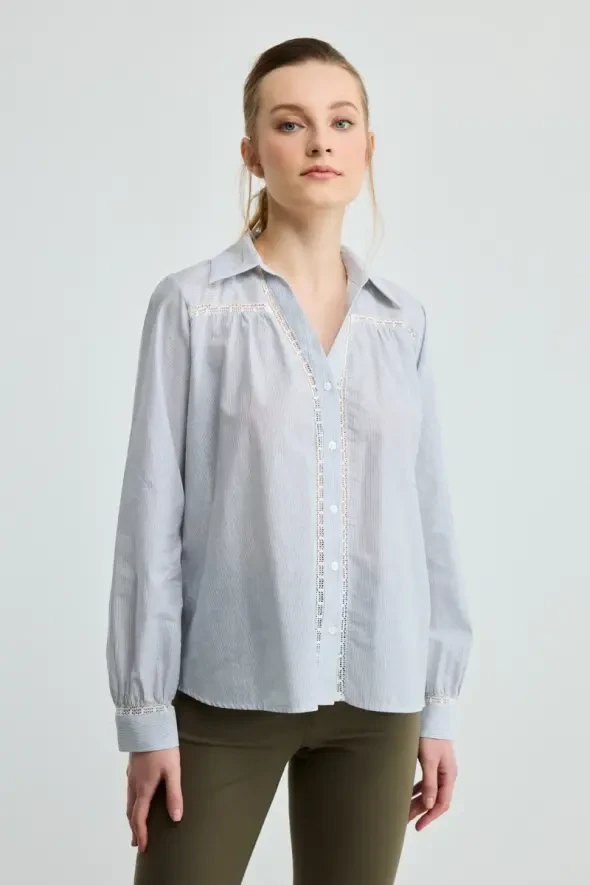 Striped Lace Detail Cotton Shirt - Navy Blue - 1