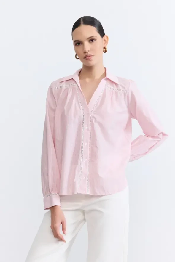 Striped Lace Detail Cotton Shirt - Red - 2
